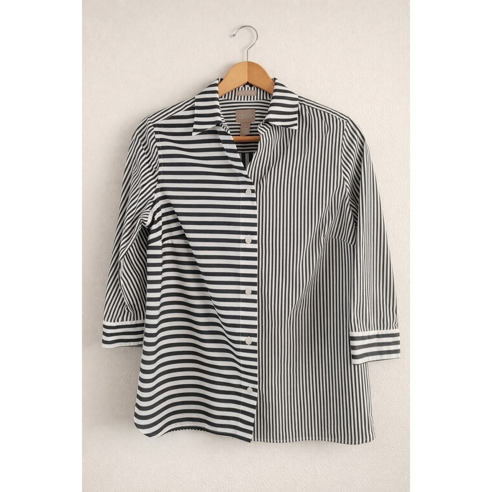Chico's No Iron Shirt Size 0 Small Black White Mixed Stripe 100% Cotton Travel
